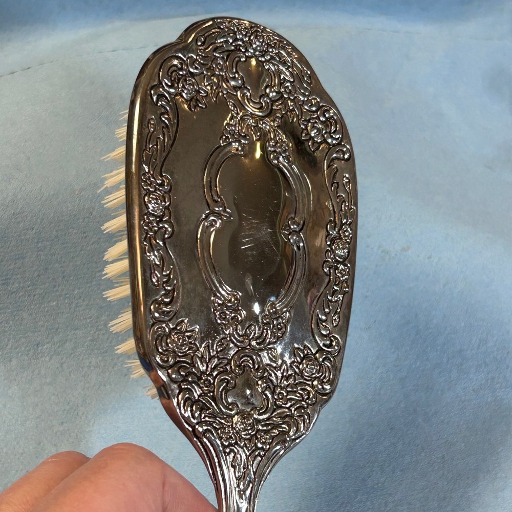 Vintage Silver Plated Floral Repousse Hair Brush Ornate Scrollwork Victorian